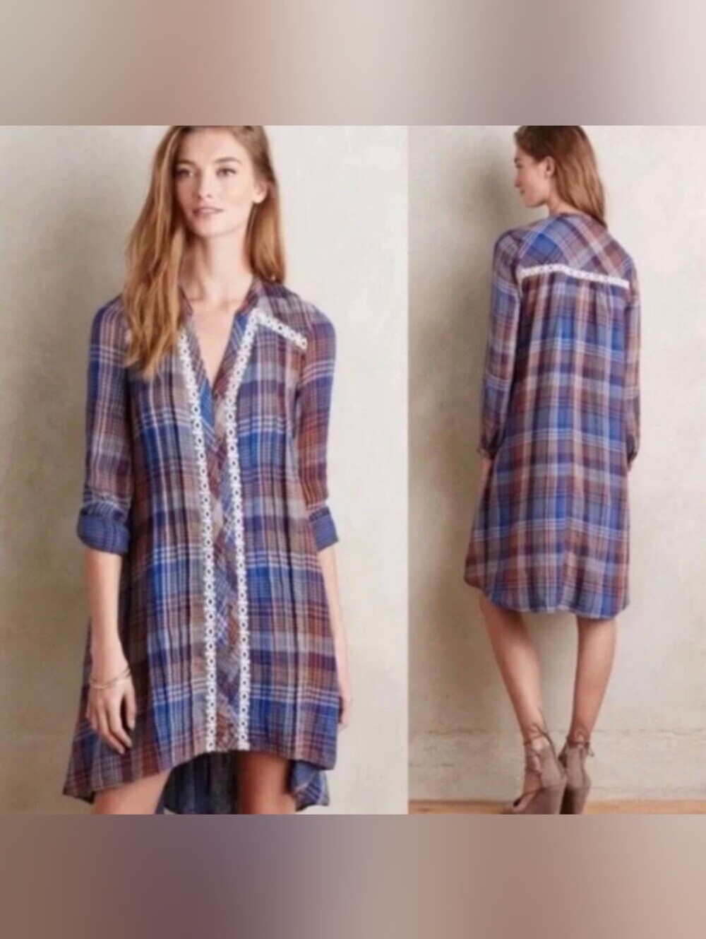 HOLDING HORSES Blue and Brown Plaid Lace-Trim Tunic